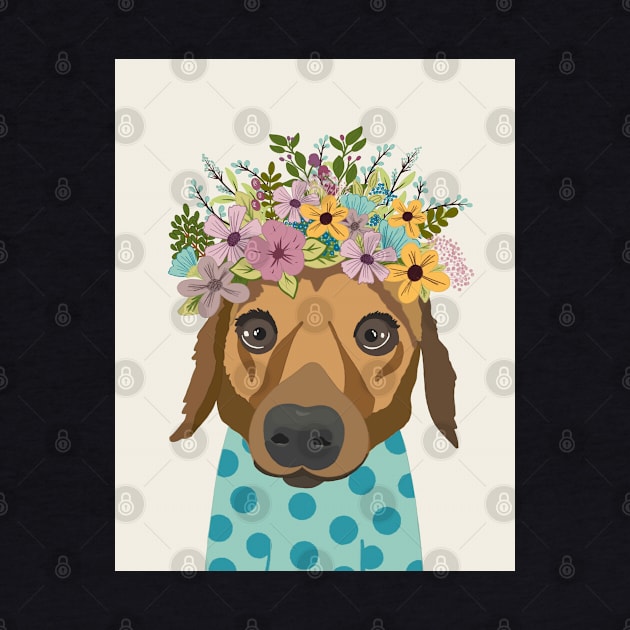 Dog in floral crown wearing a polka dot blue jumper by NattyDesigns